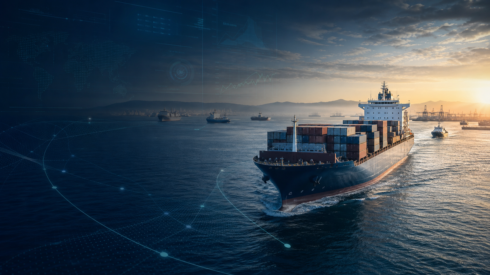 Commercial maritime fleet with intelligence dashboard overlays